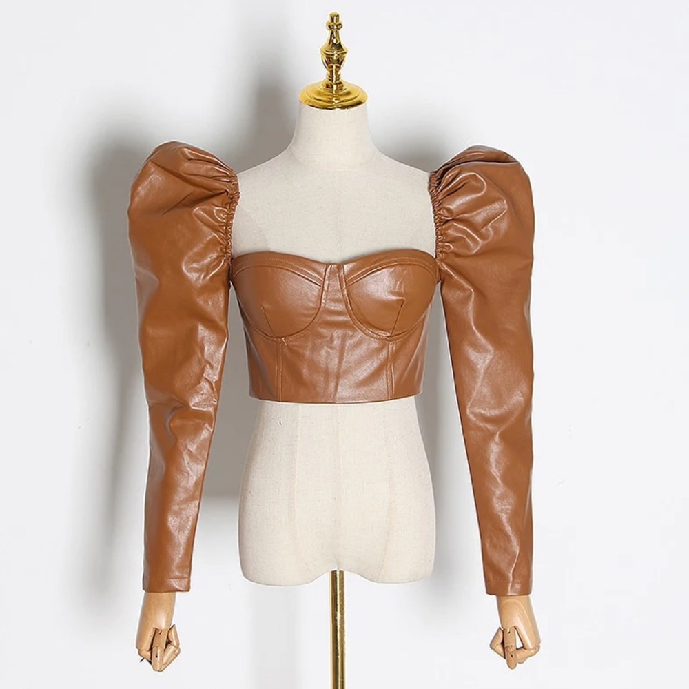 Camel Vegan Faux Leather Cropped Top M